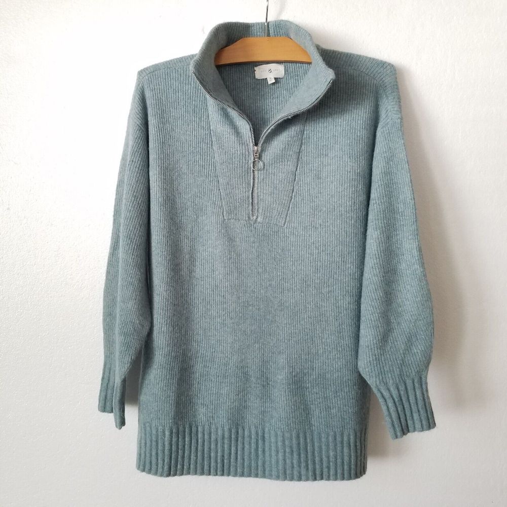 Lou & Grey Womens M Quarter Zip Sweater Half Mock Ribbed Super Soft Light Teal